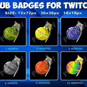 6 Grenade Sub / Bit Badges for Twitch Kick, loyalty Badges Pack for Twitch Kick Streamers