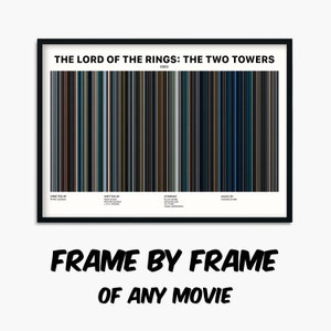 May include: A black and white poster with a barcode-like design representing the movie "The Lord of the Rings: The Two Towers". The poster includes the movie title, year, director, writer, starring actors, and music composer.