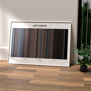 May include: A white framed poster with the title "ANY MOVIE" and the year "ANY YEAR" printed in black text. The poster features a bar code-like design with various colored stripes.