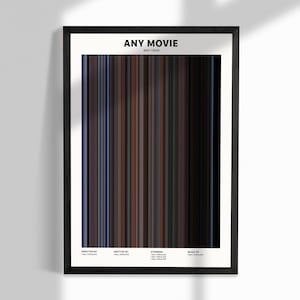 May include: A black framed poster with a colorful bar code design. The poster has the text "ANY MOVIE" and "ANY YEAR" at the top. The text "DIRECTED BY", "WRITTEN BY", "STARRING", and "MUSIC BY" is at the bottom of the poster.