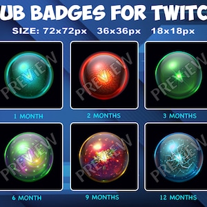 May include: Six different Twitch subscriber badges with a glowing orb design. The orbs are green, red, orange, purple, blue, and light blue. The badges are labeled with the number of months of subscription: 1 month, 2 months, 3 months, 6 months, 9 months, and 12 months.