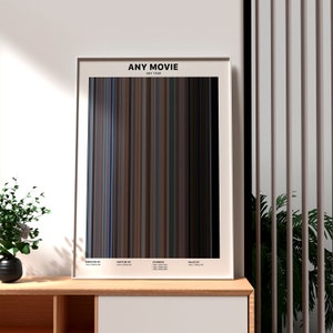 May include: A white framed poster with the title "ANY MOVIE" and the text "ANY YEAR". The poster features a colorful bar code-like design with vertical stripes of various colors.
