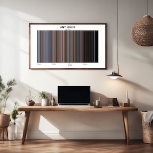 May include: A framed poster with a colorful bar graph representing the color palette of a movie. The poster is titled "ANY MOVIE" and is hanging on a white wall above a wooden desk with a laptop, plants, and other decor.