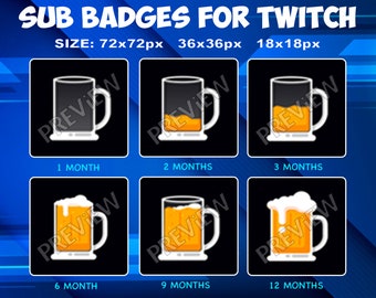 6 badge sub/bit per boccali di birra per Twitch Kick, pacchetto di badge fedeltà per gli streamer di Twitch Kick