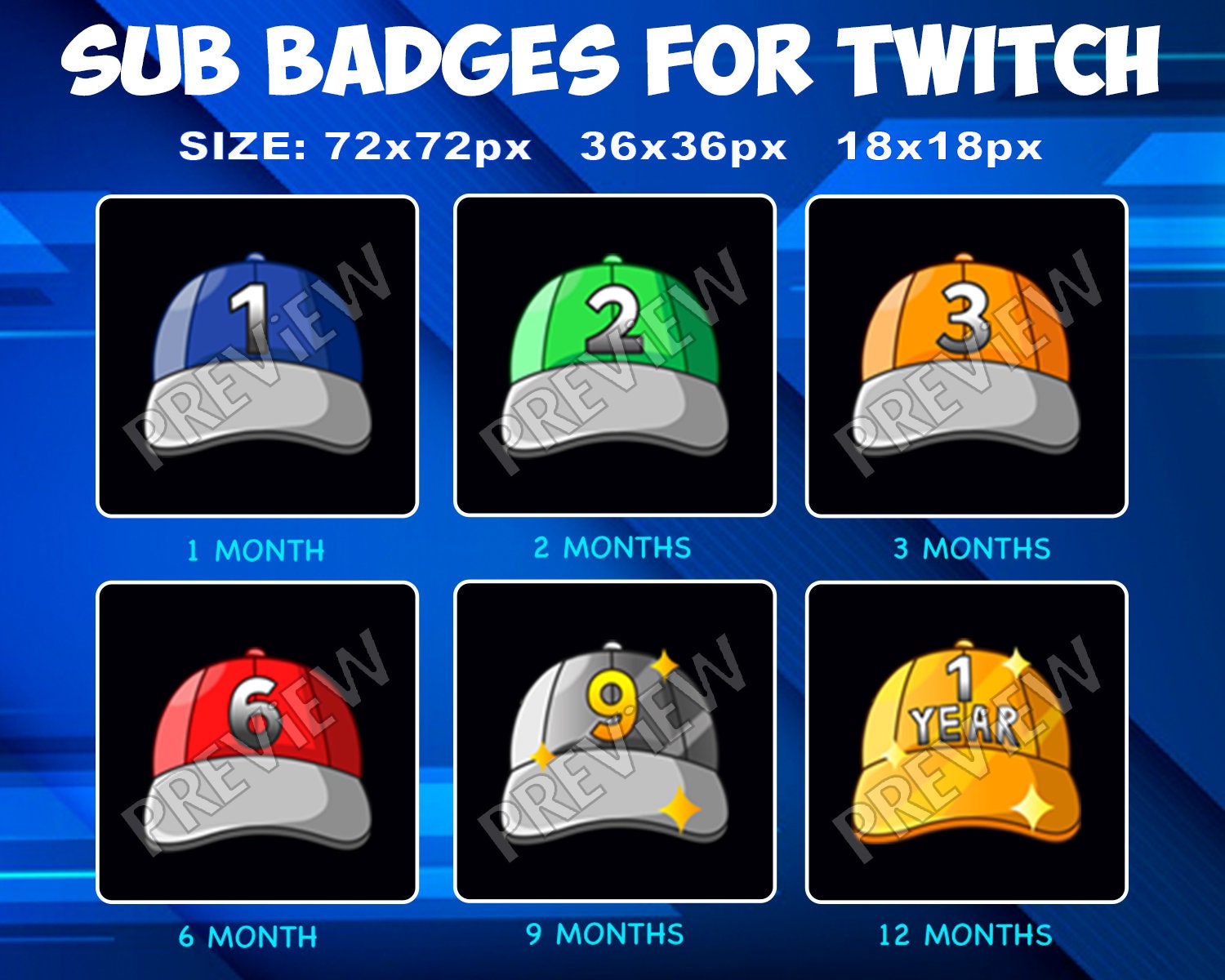 6 Cap Hats Sub / Bit Badges for Twitch Kick, Loyalty Badges Pack for ...