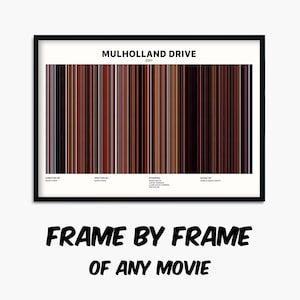 May include: A black and white poster with a colorful bar code representing the movie "Mulholland Drive". The poster includes the title of the movie, the year 2001, and the names of the director, writer, starring actors, and music composer.
