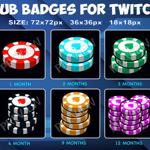 May include: A set of Twitch subscriber badges featuring a stack of poker chips with a spade symbol. The badges are available in different sizes: 72x72 pixels, 36x36 pixels, and 18x18 pixels. The badges are color-coded to represent different subscription lengths: 1 month (red), 2 months (blue), 3 months (green), 6 months (black), 9 months (orange), and 12 months (purple).