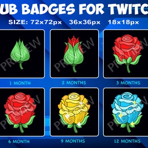 6 Rose Sub / Bit Badges for Twitch Kick, loyalty Badges Pack for Twitch Kick Streamers