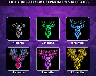 May include: Six different deer head badges for Twitch partners and affiliates. The badges are black and white, green, blue, pink, and yellow. The badges show the number of months a user has been a subscriber: 1 month, 2 months, 3 months, 6 months, 9 months, and 12 months.