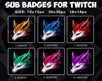 May include: Six different fox head Twitch subscriber badges in various colors. The badges are for 1, 2, 3, 6, 9, and 12 months of subscription.
