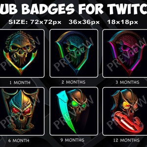6 insignias de suscripción/bit de Twitch Kick Skulls para Twitch Kick, paquete de insignias de lealtad de Skulls para streamers de Twitch Kick