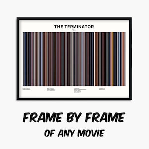Puede incluir: Un póster en blanco y negro con un diseño similar a un código de barras que representa la película "Terminator" estrenada en 1984. El póster incluye el título de la película, el año de estreno y los créditos del director, el guionista, los actores principales y el compositor de la música.