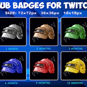 6 Pubg Helmet Sub / Bit Badges for Twitch Kick, loyalty Badges Pack for Twitch Kick Streamers