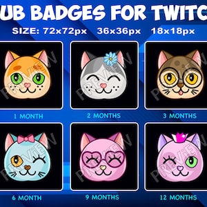 6 Kitty Sub / Bit Badges for Twitch Kick, loyalty Cute Cat Rank Badges Pack for Twitch Kick Streamers