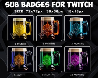 6 badge sub/bit per boccali di birra per Twitch Kick, pacchetto di badge fedeltà per gli streamer di Twitch Kick