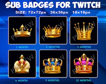 6 Crowns Sub / Bit Badges for Twitch Kick, loyalty Badges Pack for Twitch Kick Streamers