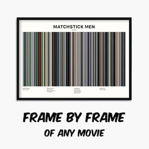 Puede incluir: Un póster en blanco y negro con un diseño de código de barras que representa la película "Matchstick Men" estrenada en 2003. El póster incluye el título de la película, el año de estreno y los créditos para el director, el guionista, los actores principales y el compositor de la música.