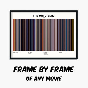 Puede incluir: Un póster enmarcado de la película "The Outsiders" de 1983. Presenta una serie de barras de color verticales. El texto en la parte inferior dice "Frame by Frame of Any Movie".