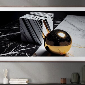 Könnte beinhalten: Abstrakter Kunstdruck mit geometrischen Formen und einer goldenen Kugel. Das Kunstwerk zeigt einen schwarz-weißen Marmorwürfel und eine weiße Marmorfläche, mit einer gold-schwarzen Kugel im Vordergrund. Die Komposition ist vor dunklem Hintergrund.