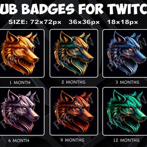 6 badges Wolf Sub/Bit pour Twitch Kick, pack de badges fidélité pour streamers Twitch Kick