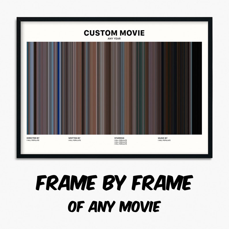 May include: A black framed poster with a colorful bar code design. The poster has the text "CUSTOM MOVIE" and "ANY YEAR" at the top. The bottom of the poster has the text "DIRECTED BY", "WRITTEN BY", "STARRING", and "MUSIC BY". The poster also has the text "FRAME BY FRAME OF ANY MOVIE".