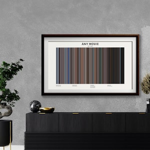May include: A framed print of a movie poster with a colorful bar code design. The poster is titled "ANY MOVIE" with the text "ANY YEAR" below the title. The poster is framed in a dark brown wood frame.