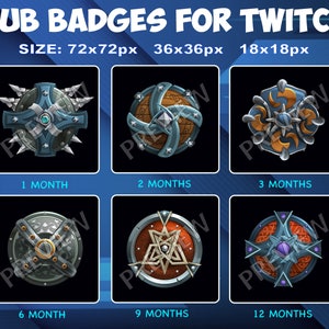 May include: Six different shield-shaped Twitch subscriber badges in various sizes. The badges are blue, gray, orange, and red with silver accents. The badges are labeled with the number of months of subscription: 1 month, 2 months, 3 months, 6 months, 9 months, and 12 months.