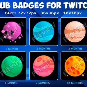 6 Galaxy Planet Sub / Bit Badges for Twitch Kick, loyalty Badges Pack for Twitch Kick Streamers
