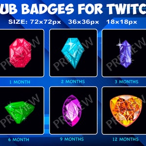 6 Gems Sub / Bit Badges for Twitch Kick, loyalty Badges Pack for Twitch Kick Streamers