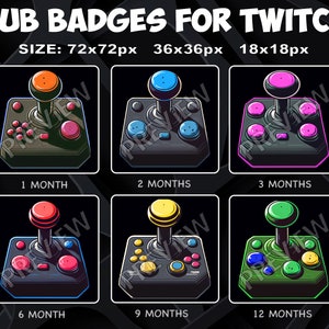 May include: Six Twitch subscriber badges featuring a retro joystick with different colored buttons and knobs. The badges are labeled with the number of months of subscription: 1 month, 2 months, 3 months, 6 months, 9 months, and 12 months.