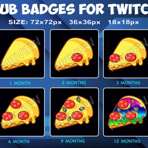 Insignias de suscripción de Twitch Kick de pizza, insignias de fidelidad de suscriptores, piezas de pizza, bits, insignias de suscripción para streamers de Twitch Kick