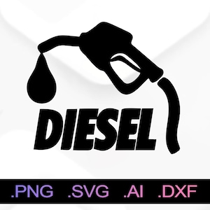 Könnte beinhalten: Schwarz-weiße Silhouette einer Zapfsäule mit einem Tropfen Kraftstoff und dem Wort "DIESEL" darunter.