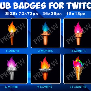 6 Torch Sub / Bit Badges for Twitch Kick, loyalty Badges Pack for Twitch Kick Streamers