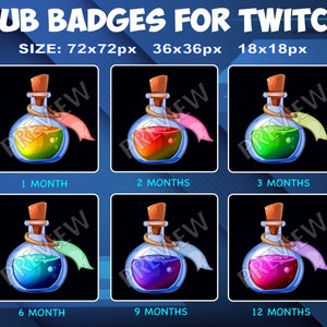 May include: Six different colored potion bottles with cork stoppers and a ribbon tied around the neck. The bottles are labeled with the number of months: 1, 2, 3, 6, 9, and 12. The bottles are on a black background with a blue border.