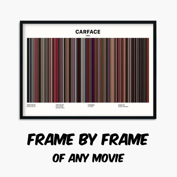 Scarface 1983 Movie Barcode Poster Print, Frame by frame Art Print gift idea for movie fan filmmakers, Custom Movie Poster gift