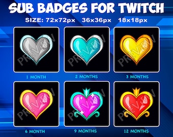 Peut inclure: Six badges d'abonné Twitch représentant des cœurs de différentes couleurs et designs. Les badges sont pour 1, 2, 3, 6, 9 et 12 mois d'abonnement. Les badges sont de différentes tailles : 72x72px, 36x36px et 18x18px.