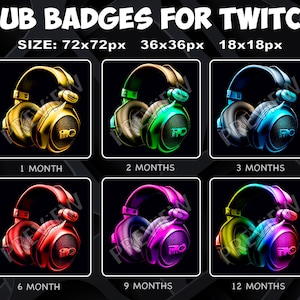 6 Headphones Sub / Bit Badges for Twitch Kick, loyalty Badges Pack for Twitch Kick Streamers