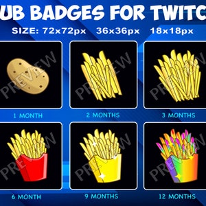 Op de afbeelding: Een set van zes Twitch-abonnementsbadges met een aardappel en frietjes in verschillende kleuren en maten. De badges zijn gelabeld met het aantal maanden dat een abonnee is geabonneerd, variërend van 1 tot 12 maanden.