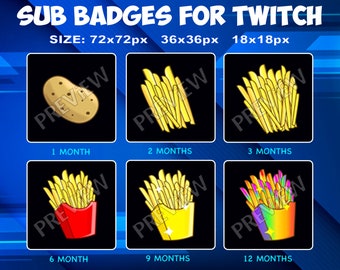 6 French Fries Potato Sub / Bit Badges for Twitch Kick, loyalty Badges Pack for Twitch Kick Streamers