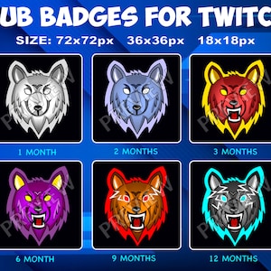 6 badges Wolf Sub/Bit pour Twitch Kick, pack de badges fidélité pour streamers Twitch Kick