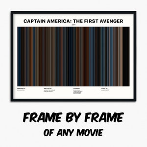 Puede incluir: Un póster en blanco y negro con un diseño de código de barras colorido que representa la película "Capitán América: El primer vengador". El póster incluye el título de la película, el año 2011, y los nombres del director, el guionista, los actores principales y el compositor de la música.