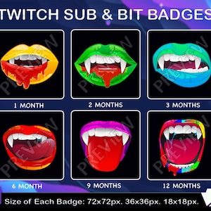 Puede incluir: Seis insignias de Twitch para suscriptores y bits que muestran un conjunto de colmillos y una boca goteando en varios colores. Las insignias están etiquetadas con el número de meses de suscripción: 1 mes, 2 meses, 3 meses, 6 meses, 9 meses y 12 meses. El texto "Tamaño de cada insignia: 72x72px. 36x36px. 18x18px." está en la parte inferior de la imagen.