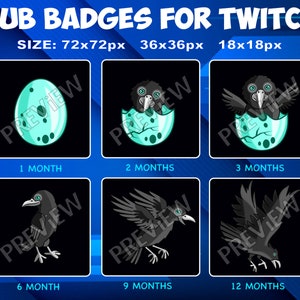 6 Bird Crow Sub / Bit Badges for Twitch Kick, loyalty Badges Pack for Twitch Kick Streamers
