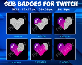 Peut inclure: Six badges d'abonné Twitch représentant un cœur pixélisé dans différentes nuances de rose et de gris. Les badges sont étiquetés avec le nombre de mois d'abonnement : 1 mois, 2 mois, 3 mois, 6 mois, 9 mois et 12 mois.