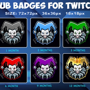 Insignes d'abonnés Joker Twitch Kick Insignes de fidélité Sub Bit pour abonnés Insignes de jokers clowns bits pour streamers Twitch Kick