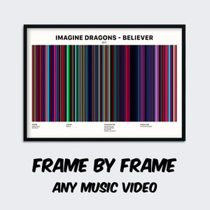 Pode incluir: Uma imagem em preto e branco de uma visualização quadro a quadro do videoclipe da música "Believer" do Imagine Dragons. A imagem mostra uma série de barras verticais coloridas que representam cada quadro do videoclipe. O texto "Imagine Dragons - Believer" e "2017" estão no topo da imagem. O texto "Gênero: Arena Rock, Pop Rock", "Álbum: Evolve", "Compositor: Dan Reynolds, Wayne Sermon, Ben McKee, Daniel Platzman" e "Produtor: Mattman & Robin" estão na parte inferior da imagem.
