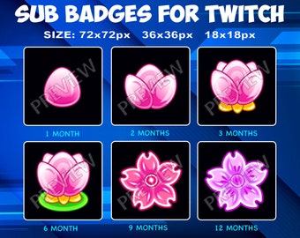 May include: Six Twitch subscriber badges featuring pink and purple flowers. The badges are in three sizes: 72x72 pixels, 36x36 pixels, and 18x18 pixels. The badges are for 1, 2, 3, 6, 9, and 12 months of subscription.