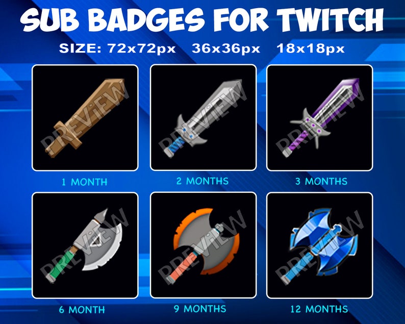 6 Swords Sub / Bit Badges for Twitch Kick, loyalty Badges Pack for Twitch Kick Streamers image 1