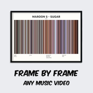 Pode incluir: Uma imagem em preto e branco de um gráfico de código de barras que representa o videoclipe da música "Sugar" do Maroon 5. O gráfico está emoldurado em uma moldura preta com o título da música e o nome do artista impressos em preto sobre um fundo branco.