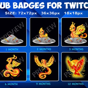 6 Phoenix Sub / Bit Badges for Twitch Kick, loyalty Badges Pack for Twitch Kick Streamers